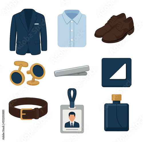 Business Attire Icons. Flat icon set of professional business attire essentials: navy suit, dress shirt,