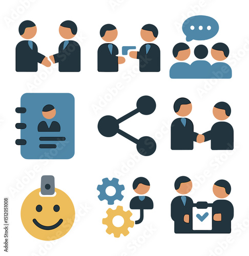 Business Networking Icons. Flat icon set of business networking moments: introduction handshake, exchanging