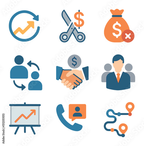 Business Strategy Icons. Flat icon set of business survival strategies: turnaround plan, cost-cutting symbol,