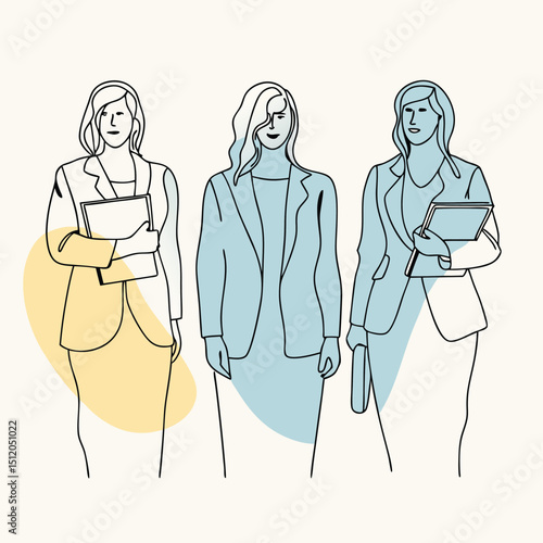 Outlined Illustration Three Businesswomen in Suits Holding Files, Pastel Accents on Neutral Background