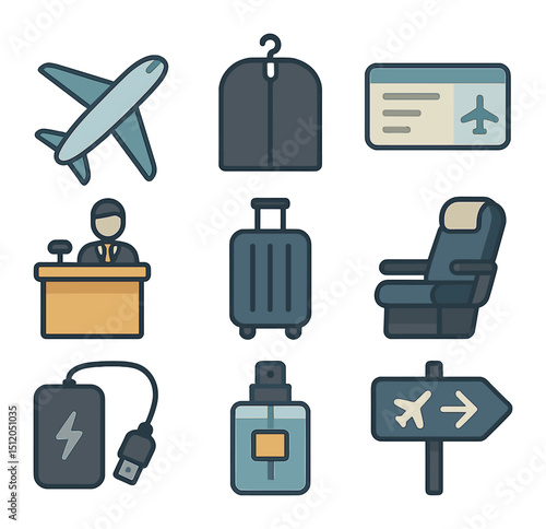 Business Travel Icons. Flat icon set of business travel visuals: airplane icon, garment bag, boarding pass,