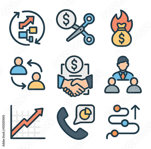 Business Strategy Icons. Flat icon set of business survival strategies: turnaround plan, cost-cutting symbol,