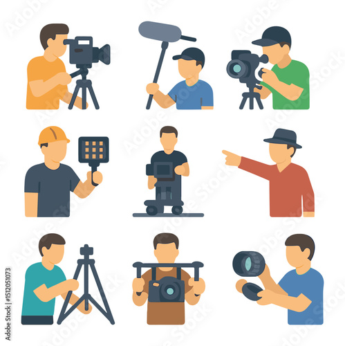 Camera Crew Icons. Flat icon set of camera and crew roles: camera operator, boom mic, focus puller, gaffer,