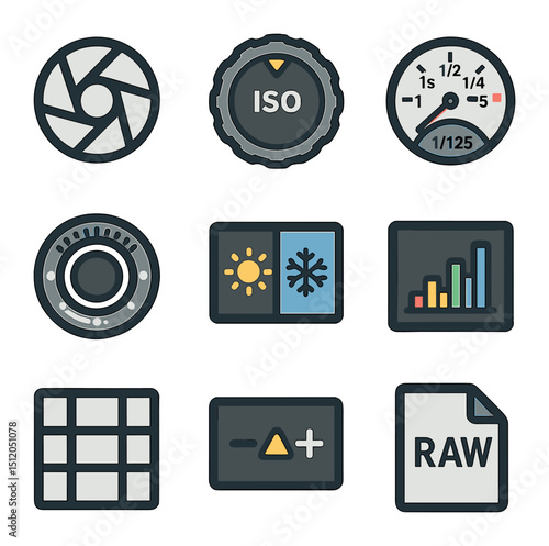 Camera Settings Icons. Flat icon set of camera settings for scenic shots: aperture icon, ISO setting dial,