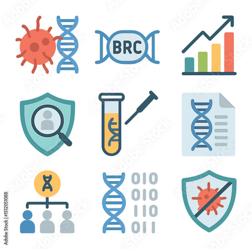 Cancer Testing Icons. Flat icon set of cancer genetic testing: tumor cell with DNA, BRCA gene symbol, risk
