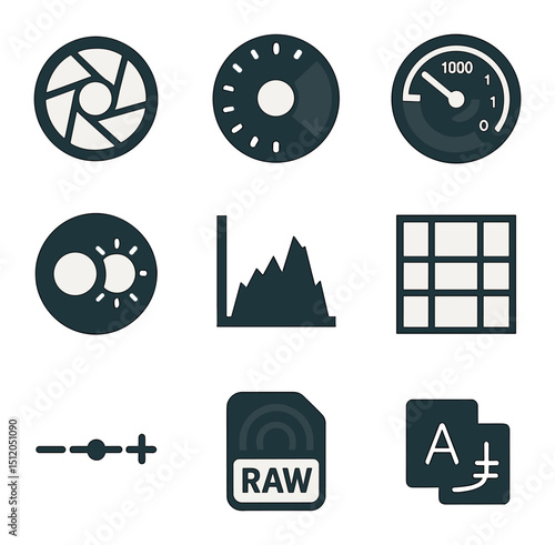 Camera Settings Icons. Flat icon set of camera settings for scenic shots: aperture icon, ISO setting dial,