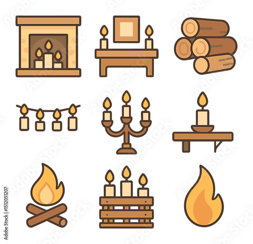 Candlelight Fireplace Icons. Flat icon set of fireplace and candle themes: fireplace with candles, mantel