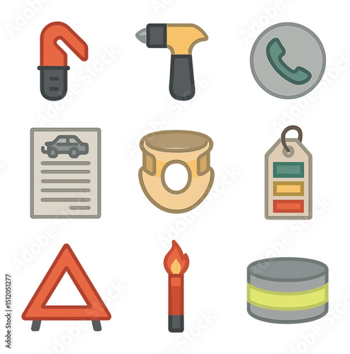 Car Safety Essentials Icons. Flat icon set of car accident first response items: seatbelt cutter, window
