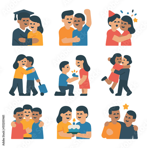 Celebration Hugs Icons. Flat icon set of celebration hugs: graduation hug, victory hug, surprise party embrace