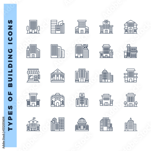 25 Types of Building Lineal icon pack. vector illustration.