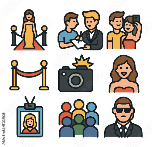 Celebrity Event Icons. Flat icon set of celebrity meet-and-greet events: red carpet, autograph signing, fan