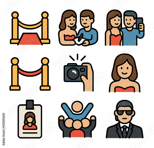 Celebrity Event Icons. Flat icon set of celebrity meet-and-greet events: red carpet, autograph signing, fan