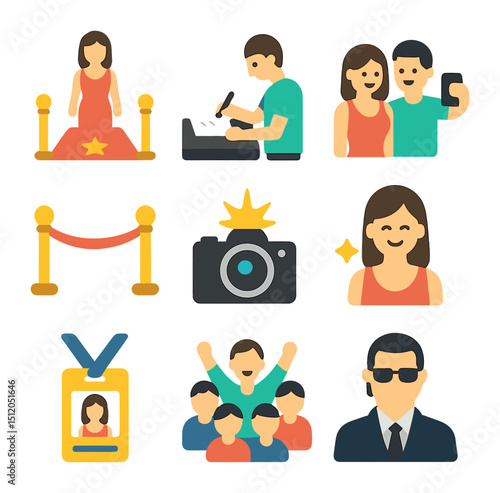 Celebrity Event Icons. Flat icon set of celebrity meet-and-greet events: red carpet, autograph signing, fan