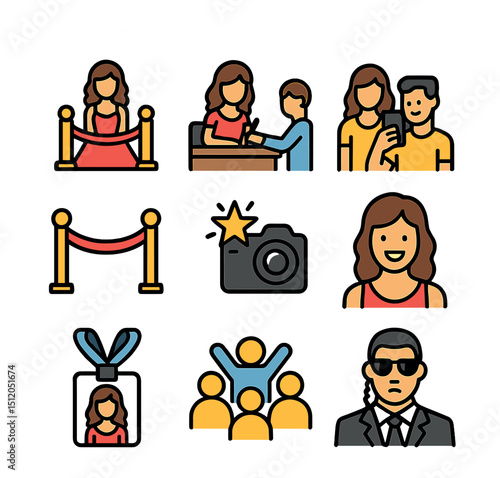 Celebrity Event Icons. Flat icon set of celebrity meet-and-greet events: red carpet, autograph signing, fan