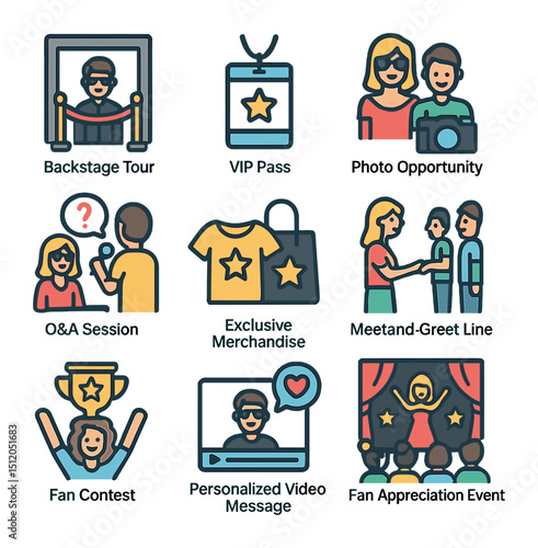 Celebrity Fan Icons. Flat icon set of celebrity fan experiences: backstage tour, VIP pass, photo opportunity,