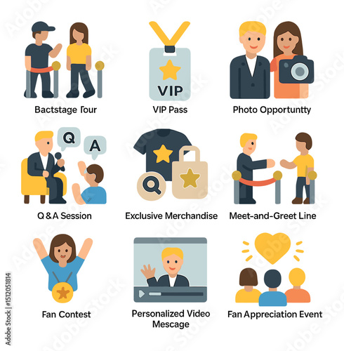 Celebrity Fan Icons. Flat icon set of celebrity fan experiences: backstage tour, VIP pass, photo opportunity,