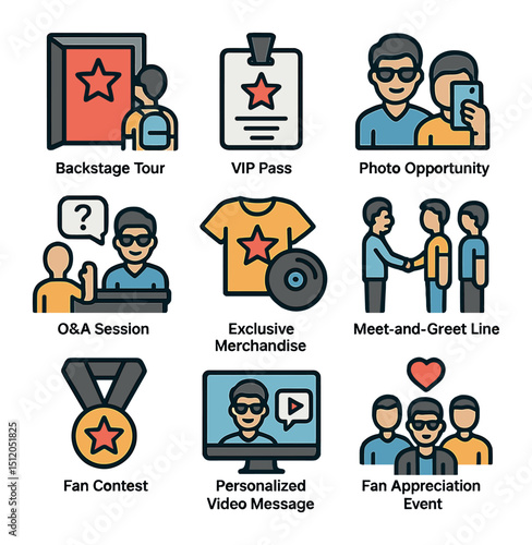 Celebrity Fan Icons. Flat icon set of celebrity fan experiences: backstage tour, VIP pass, photo opportunity,