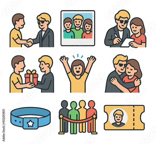 Celebrity Fan Icons. Flat icon set of celebrity fan interactions: handshake, group photo, personalized