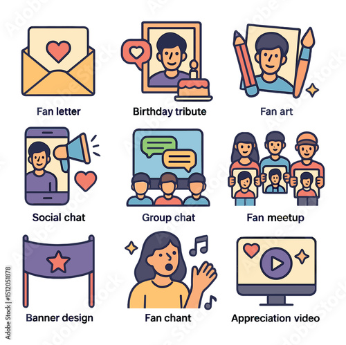 Celebrity Fan Club Icons. Flat icon set of celebrity fan club activities: fan letter, birthday tribute, fan