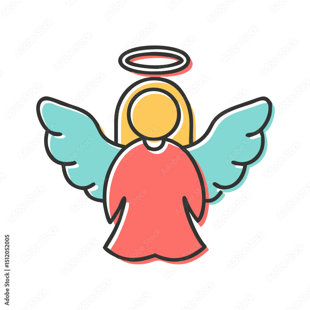 Fototapeta premium Cartoon angel illustration with halo, teal and red, religious holiday symbol