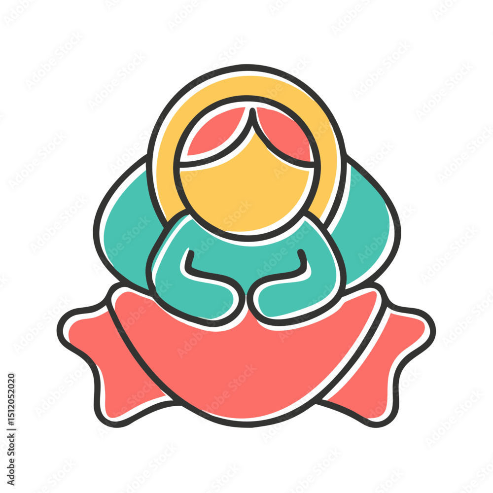 Fototapeta premium Baby Jesus cartoon icon in swaddle, red and yellow tones, symbol of nativity scene