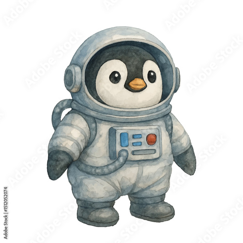 Penguin astronaut vectoillustration. Adorable space animal artwork is perfect for children's designs, sci-fi themes and whimsical concepts. A cute cosmic penguin explorer.