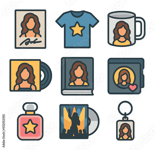 Celebrity Merchandise Icons. Flat icon set of celebrity merchandise: signed poster, branded t-shirt,