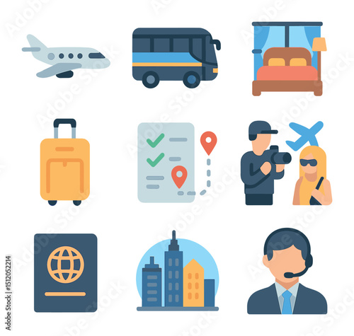 Celebrity Travel Icons. Flat icon set of celebrity travel and tours: private jet, tour bus, hotel suite,