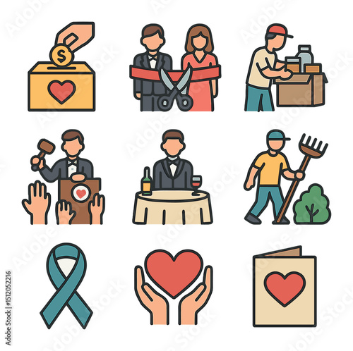 Charity Icon Grid. Flat icon set of celebrity charity work: donation box, ribbon cutting, volunteer activity,