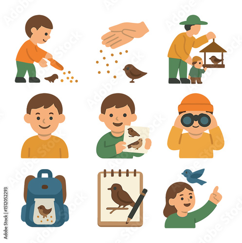 Children Feeding Birds Icons. Flat icon set of children feeding birds: child with seed scoop, hands sprinkling