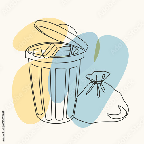 Stylized Rubbish Bin and Tied Trash Bag Line Art with Color Washes Illustration