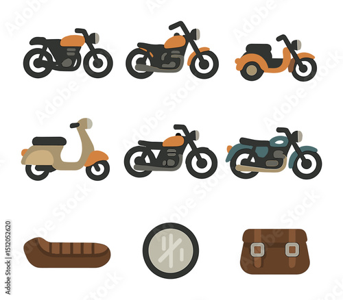 Classic Motorcycle Icons. Flat icon set of classic motorcycles: café racer, vintage chopper, sidecar