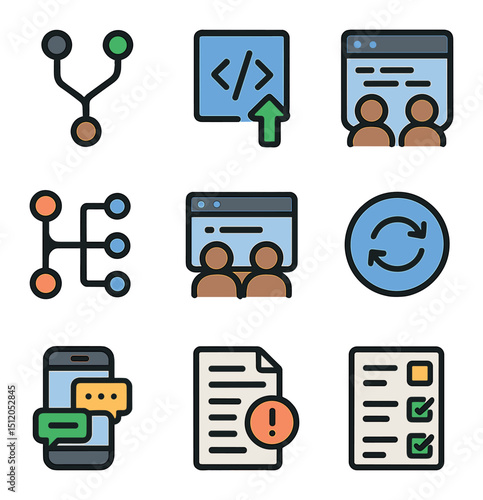 Code Collaboration Icons. Flat icon set of code collaboration tools: Git merge icon, code pull request, team