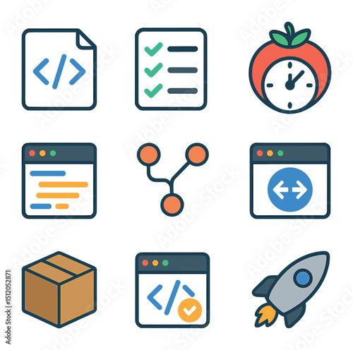 Coding Tool Icons. Flat icon set of coding productivity tools: code snippet manager, to-do list app, Pomodoro