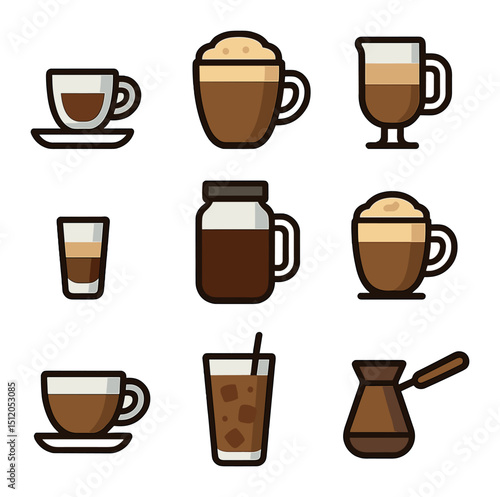 Coffee Icon Grid. Flat icon set of coffee types and styles: espresso cup, cappuccino mug, latte glass,