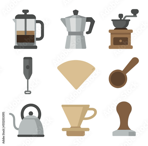 Coffee Tools Icons. Flat icon set of coffee accessories and tools: French press, moka pot, coffee grinder,