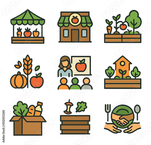 Community Food Ecosystem. Flat icon set of community food systems: farmers market tent, local food co-op,