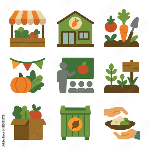 Community Food Ecosystem. Flat icon set of community food systems: farmers market tent, local food co-op,