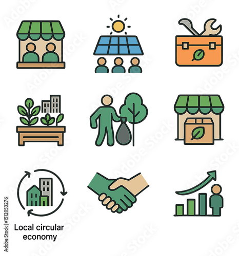 Community Green Initiatives. Flat icon set of community-driven green businesses: local eco co-op, community