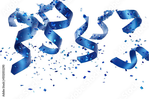 Blue ribbons and confetti explode on a dark background