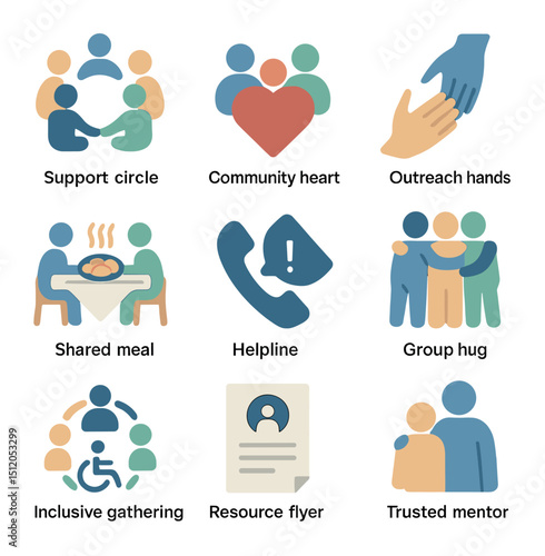 Community Support Icons. Flat icon set of community support and healing: support circle, community heart,