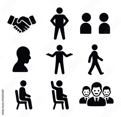 Confident Body Language Icons. Flat icon set of confident body language in meetings: handshake icon, confident