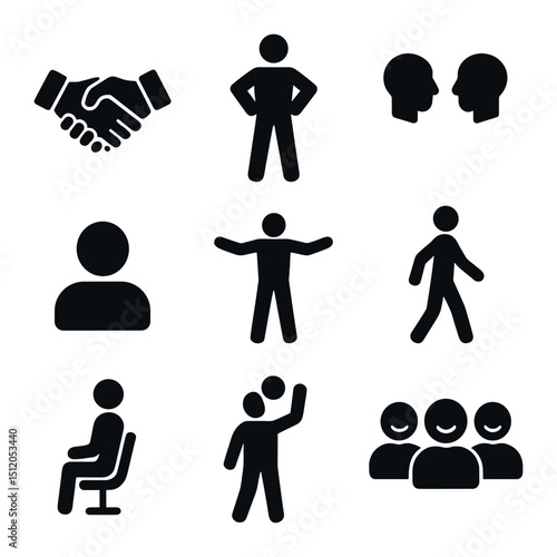 Confident Body Language Icons. Flat icon set of confident body language in meetings: handshake icon, confident