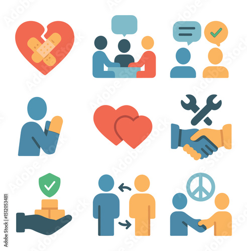 Conflict Resolution Icons. Flat icon set of relationship conflict resolution: broken heart mended, mediation