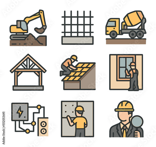 Construction Phase Icons. Flat icon set of building phase oversight: excavation site, rebar setup, foundation