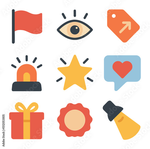 Consumer Attention Icons. Flat icon set of consumer attention drivers: red flag icon, blinking icon, trending