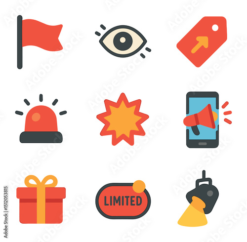 Consumer Attention Icons. Flat icon set of consumer attention drivers: red flag icon, blinking icon, trending