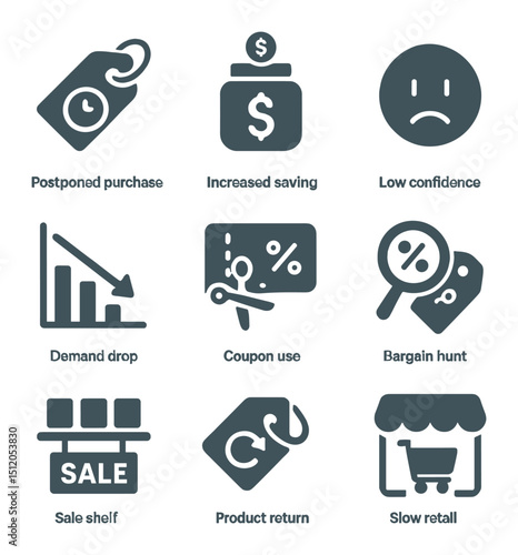 Consumer Behavior Icons. Flat icon set of consumer behavior in deflation: postponed purchase tag, increased