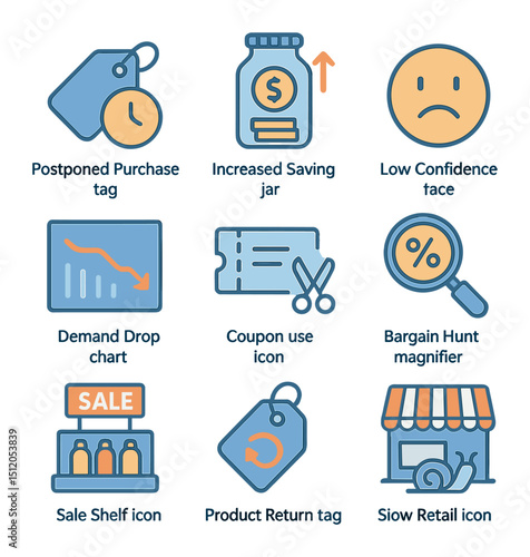 Consumer Behavior Icons. Flat icon set of consumer behavior in deflation: postponed purchase tag, increased