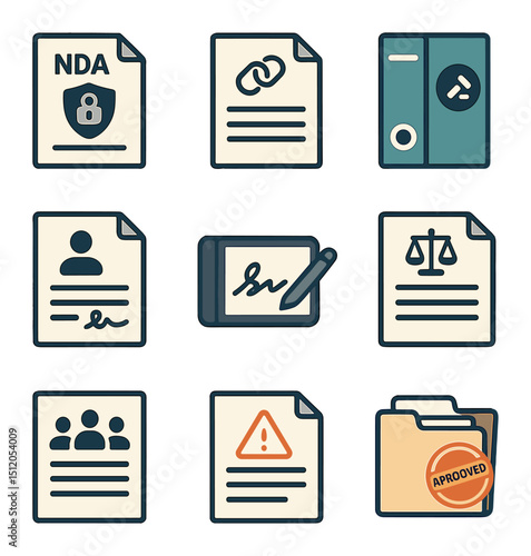 Corporate Document Icons. Flat icon set of corporate legal documentation: NDA document, merger contract,